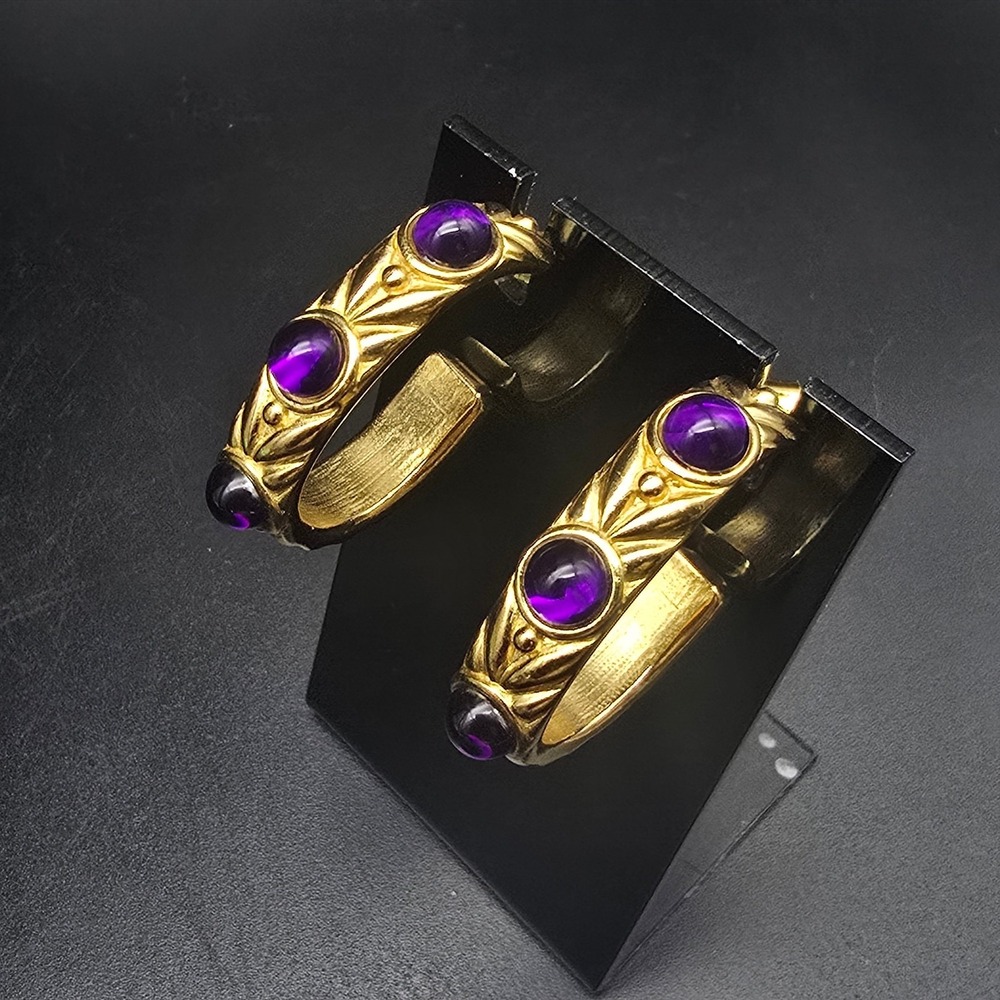 Trifari Purple Gold Tone Hoop Earrings Vintage Costume Jewelry